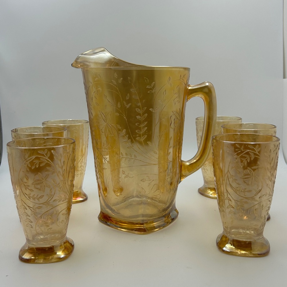 Vintage Jeannette Marigold Carnival Glass Floragold Louisa Pitcher 6 Tumbler Set